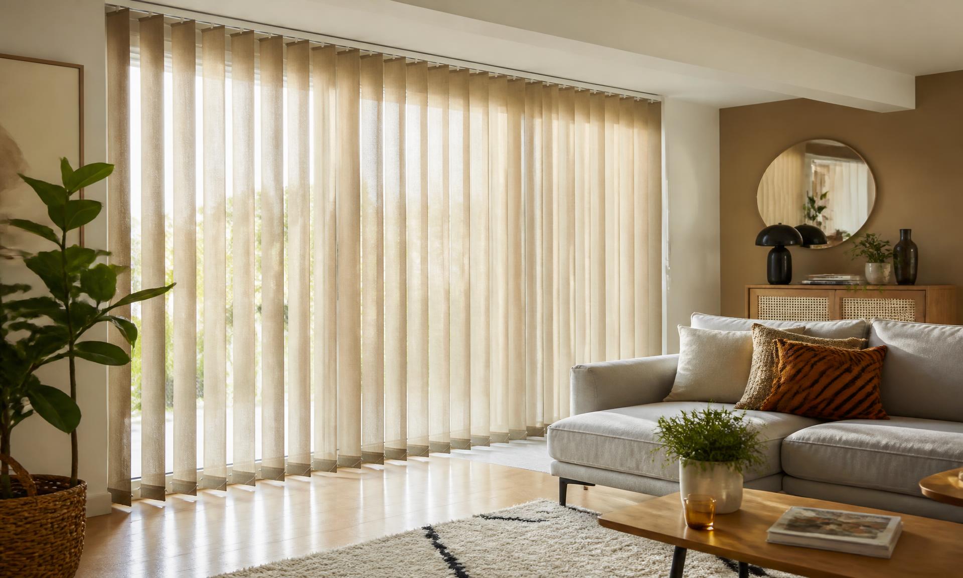 Textil szalagfüggöny meleg bézs lamellákkal egy modern nappali ablakában